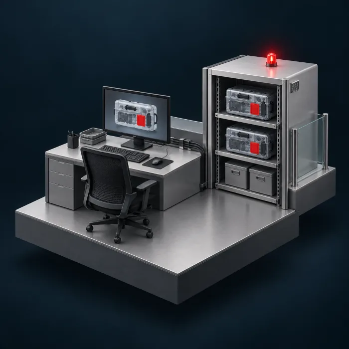 Diorama eines Arbeitsplatzes mit gesicherten Datensicherungen