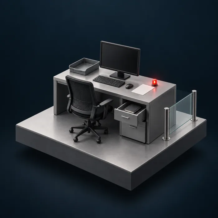Diorama eines aufgeräumten Schreibtischs mit einzelner loser Notiz