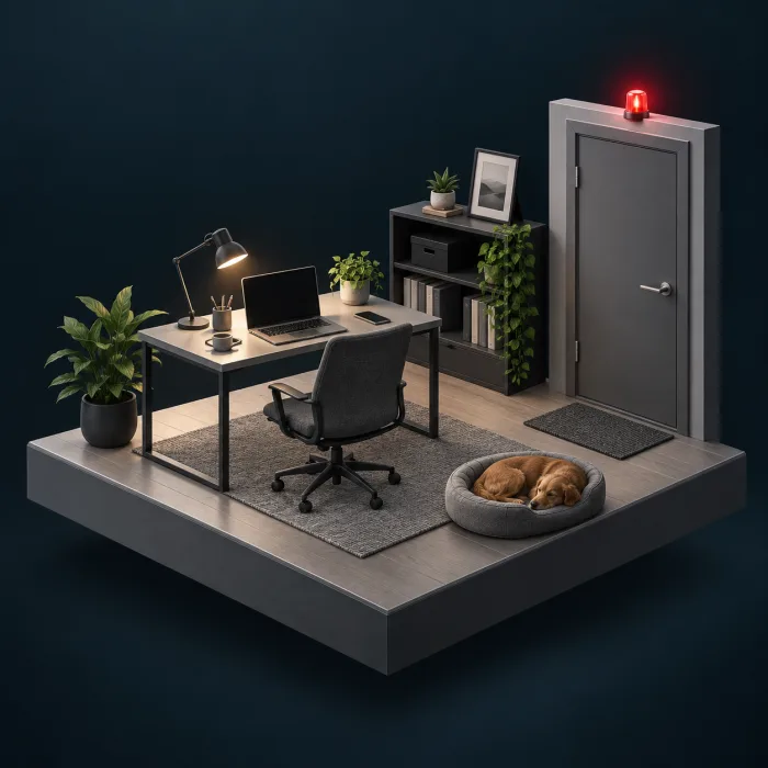 Diorama eines Homeoffice mit Schreibtisch und geschlossenem Eingang