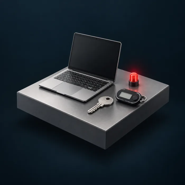 Diorama mit Laptop, Schlüssel und zweitem Sicherheitsgerät