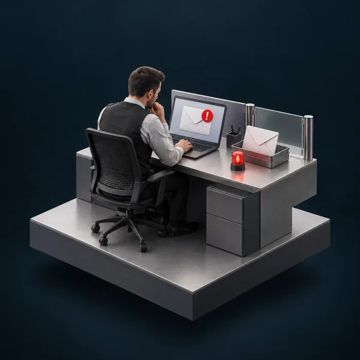 Diorama einer Person vor einer verdächtigen E-Mail am Arbeitsplatz